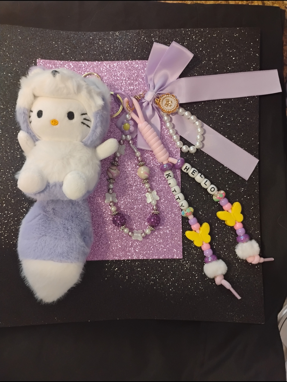 Lavender Plush Kitty bag charm /Keychain Charm with Beaded Hello Straps